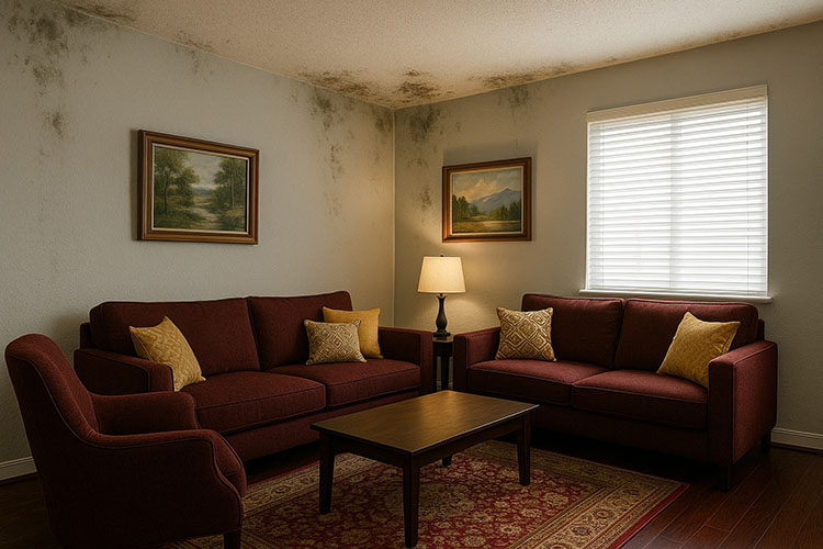 A dimly lit living room featuring two maroon sofas, a wooden coffee table, and mold stains on the walls, with sunlight filtering in.