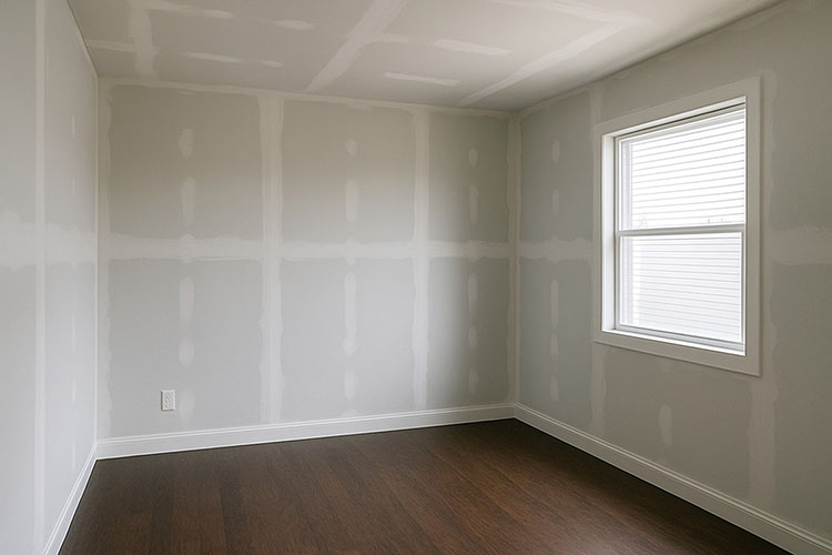 Empty room with unfinished gray drywall, brown wooden floor, and a single window letting in natural light.